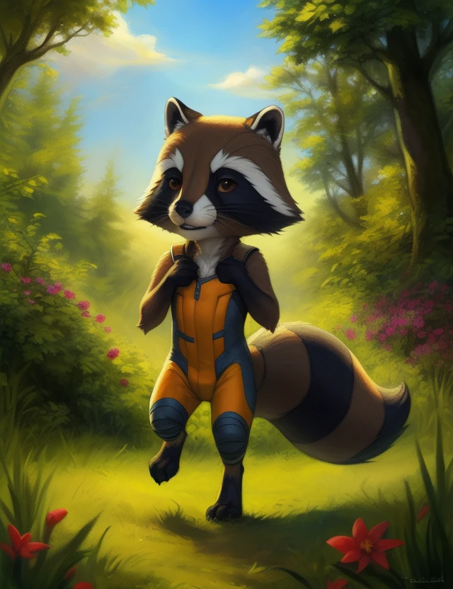 <lora:RocketRacGyDoMix:1> RocketRacGy, Racoon, Orange jumpsuit, Brown eyes,, chibi,
Looks at the viewer, ((walking ))
[ large window, (nature), forest, grass, day shining, clouds, flowers, blanket, blue pillows, candles, bed, pillows, ]
(beautiful, aesthetic, perfect, delicate, intricate, saturated colors), masterpiece, digital drawing, best quality,
[by kenket|by totesfleisch8], by thebigslick:by silverfox5213:0.8], [by syuro, by paloma-paloma::0.2, (Tricksta, TotesFleisch8)