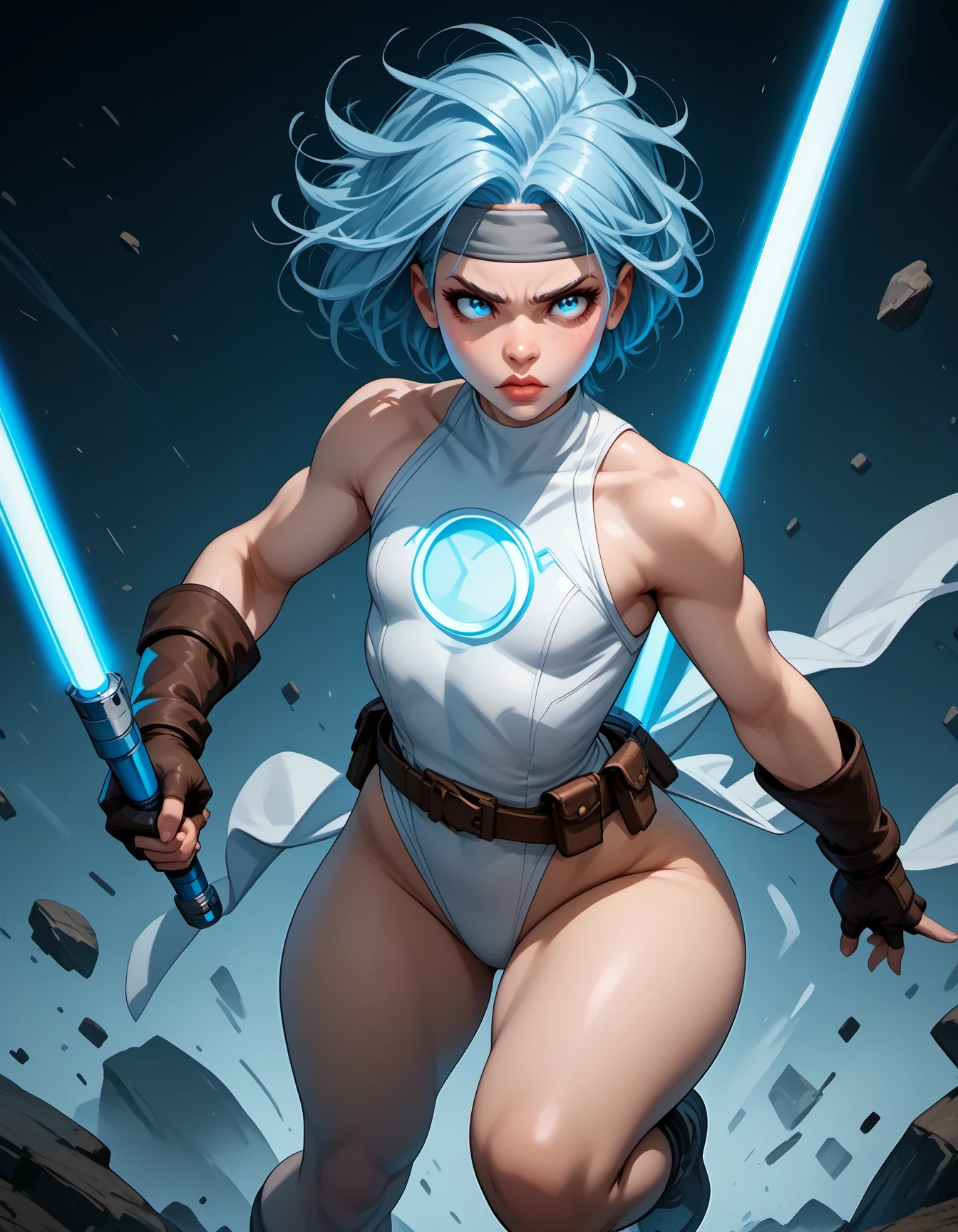 score_9, score_8_up, score_7_up, score_6_up, score_5_up, score_4_up,  1 girl, solo, grey headband, young face, lips, huge ass, huge, boobs, white leotard, belt, fingerless gloves, gloves, battle stance, holding lightsaber, blue lightsaber, glowing, blue glow, dramatic light,  zPDXL2