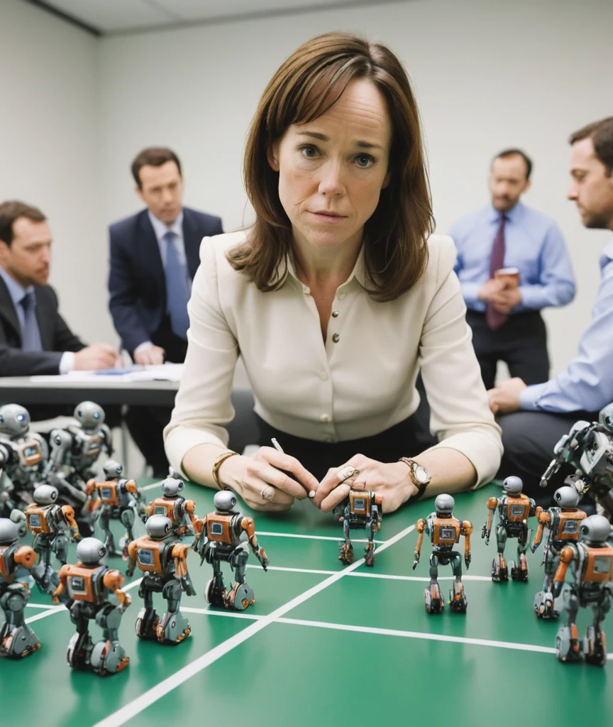 a professional absurdres sharp focus intricately detailed photograph of 
1woman (Frances_OConnor:1.1)  playing tackle corporate meeting with tiny robots, 
 <lora:Frances_OConnor-SDXLe11:0.8>