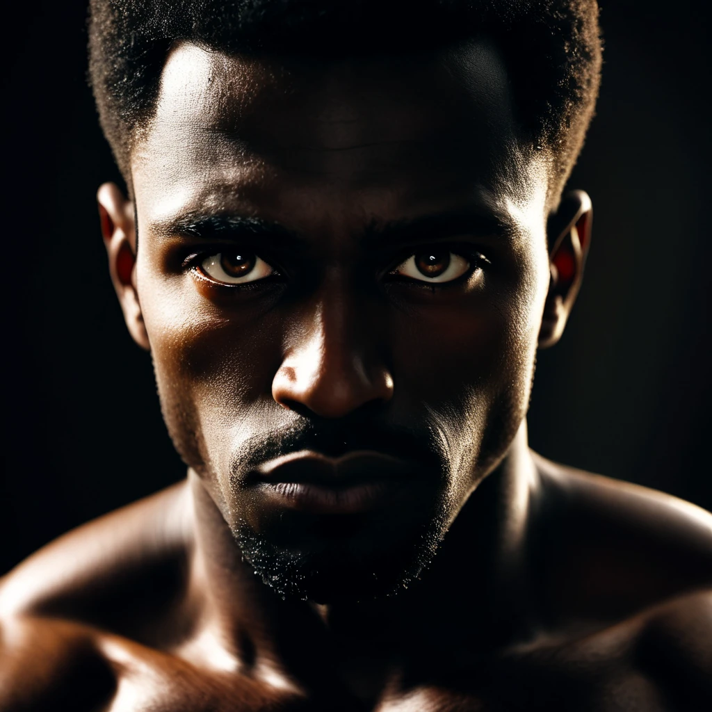 [(African man with deep, rich skin tone and an intense gaze:close-up of his face, dark brown eyes filled with strength and focus, broad nose with defined nostrils, full lips slightly parted, strong jawline with smooth skin, closely shaved head):20], dramatic lighting casting bold shadows on his face, emphasizing the contrast between light and dark, capturing the power and intensity in his expression, (front face photographic super close up portrait:1.1)