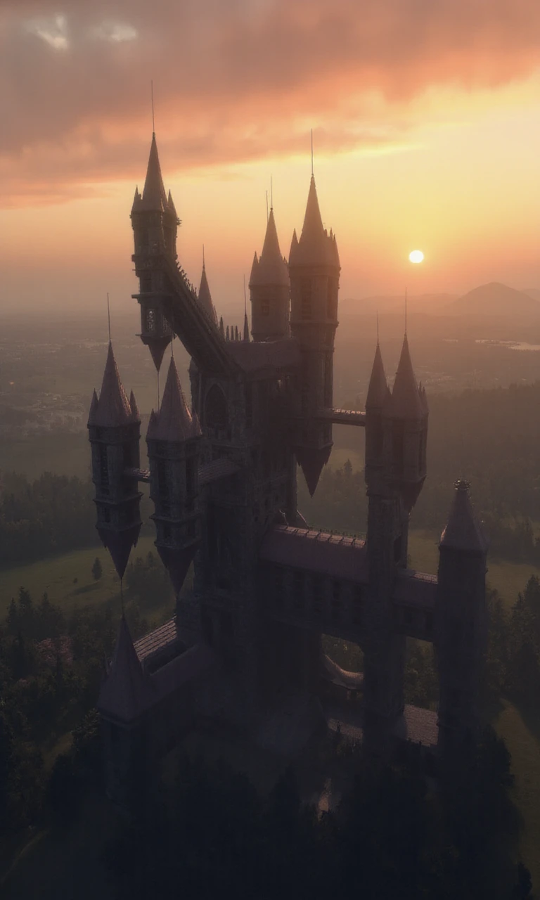 <lora:draculas_castle_v1:1.5>, Dracula's castle, isolated, as seen from far away at sunset, towering over the landscape, photorealistic, cinematic, aerial photography