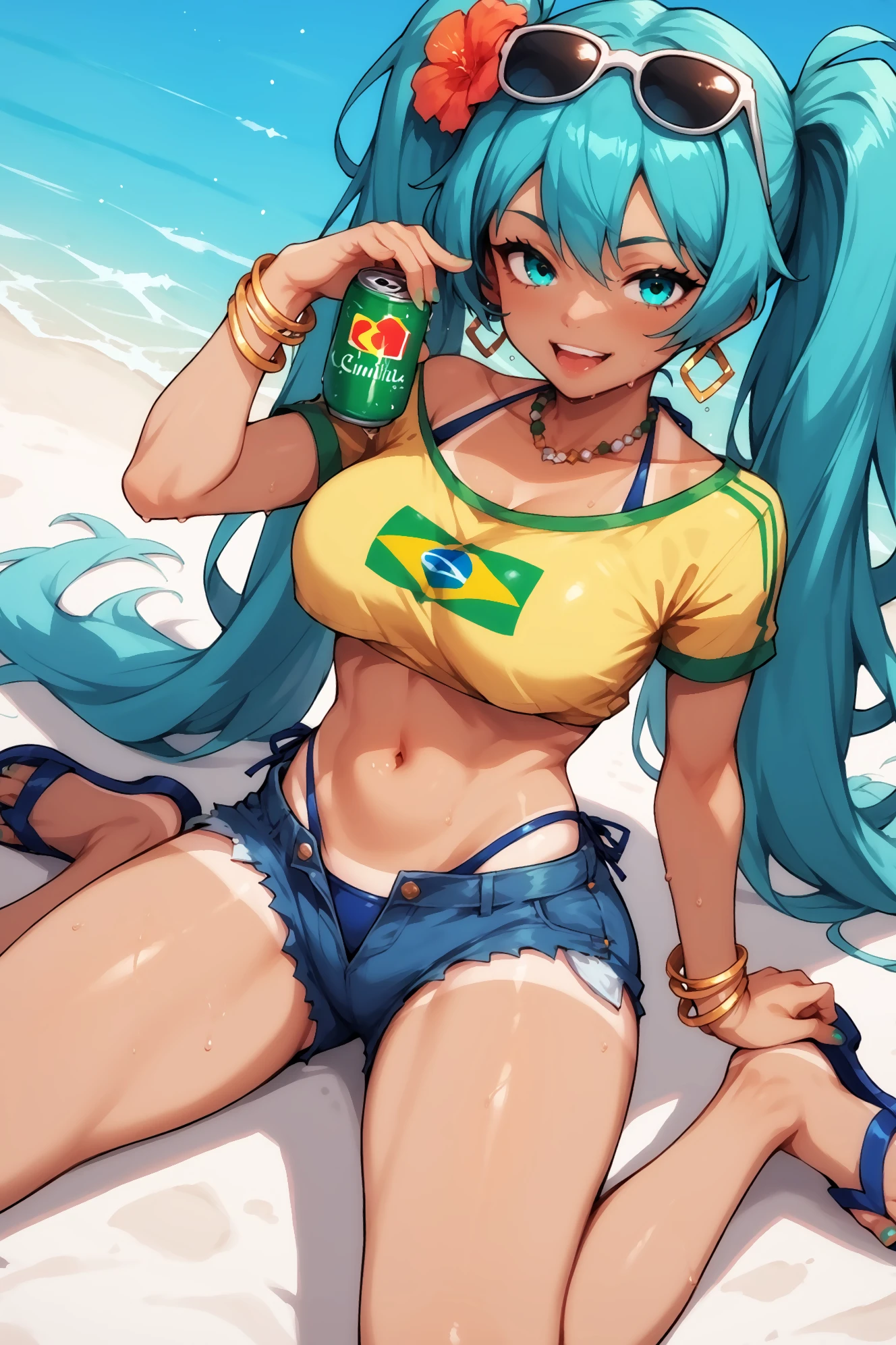 score_9, score_8_up, score_7_up, source_anime,score_6_up,score_5_up,score_4_up, imtdbrmiku, 1girl, shorts, twintails, eyewear on head, long hair, sunglasses on head, tan, tanlines, hair flower, crop top, earrings, hair ornament, swimsuit, bikini under clothes, bracelet, necklace, sandals, aqua hair, aqua eyes, denim shorts, cutoffs, can, brazil flag on crop top, fit body, large breast, erotic, seductive, rating_questionable.
