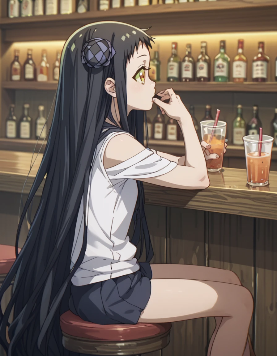 <lora:MagicalGirlEvilEnemy:1>, score_9, score_8_up, score_7_up, score_6_up, score_5_up, score_4_up, source_anime,  , sitting, bar, drinking tea,  Hibana, black hair, very long hair, underwear, yellow eyes,