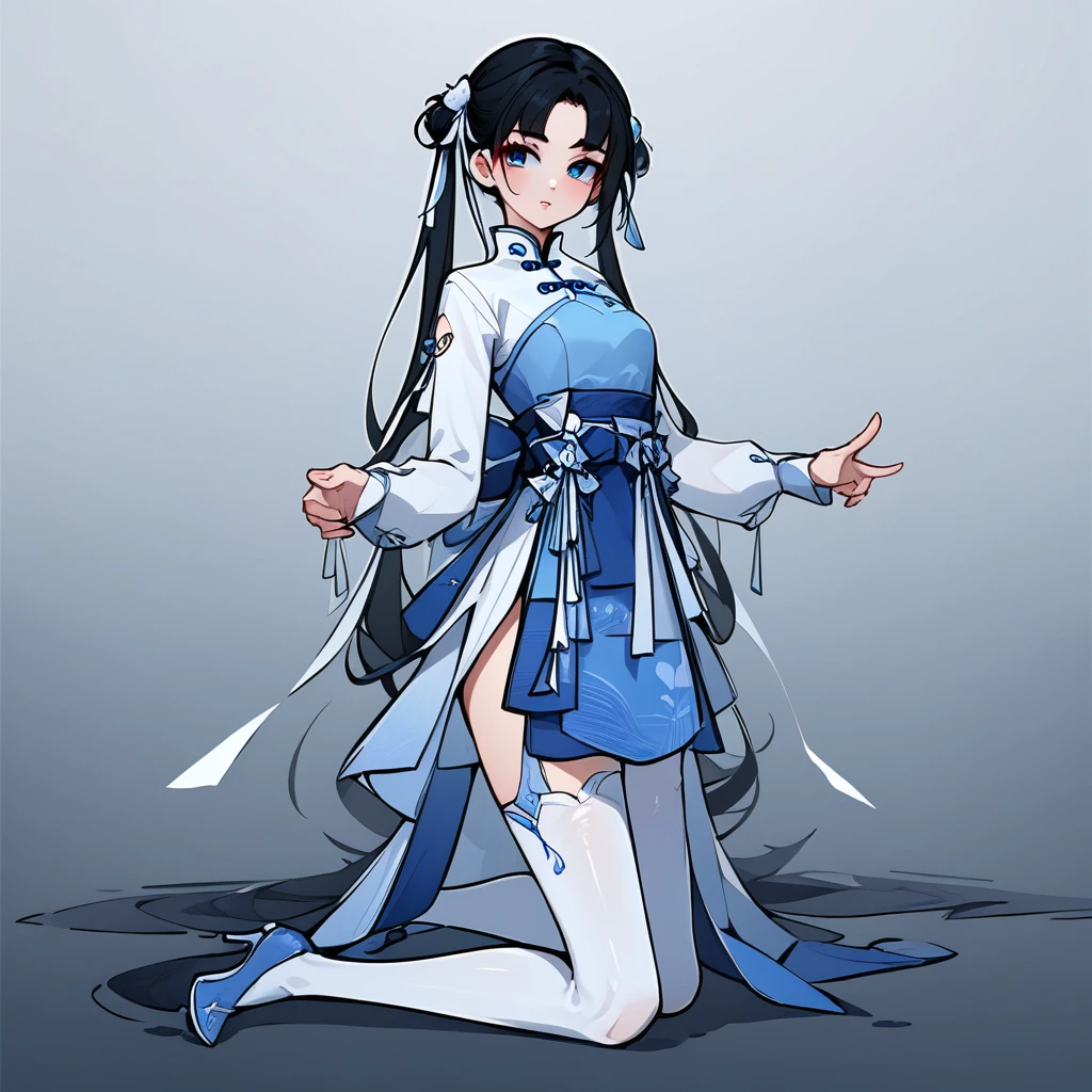 She is dressed in a blue, form-fitting outfit that resembles a traditional Chinese qipao dress, with a high collar, long sleeves, and a flared skirt. The dress features a white ribbon detail at the waist and a bow on the chest. She also wears white thigh-high stockings and blue high-heeled shoes with delicate straps. Her hair is long, black, and styled in twin ponytails with blue ribbons.Her skin is fair, and she has large, expressive eyes.