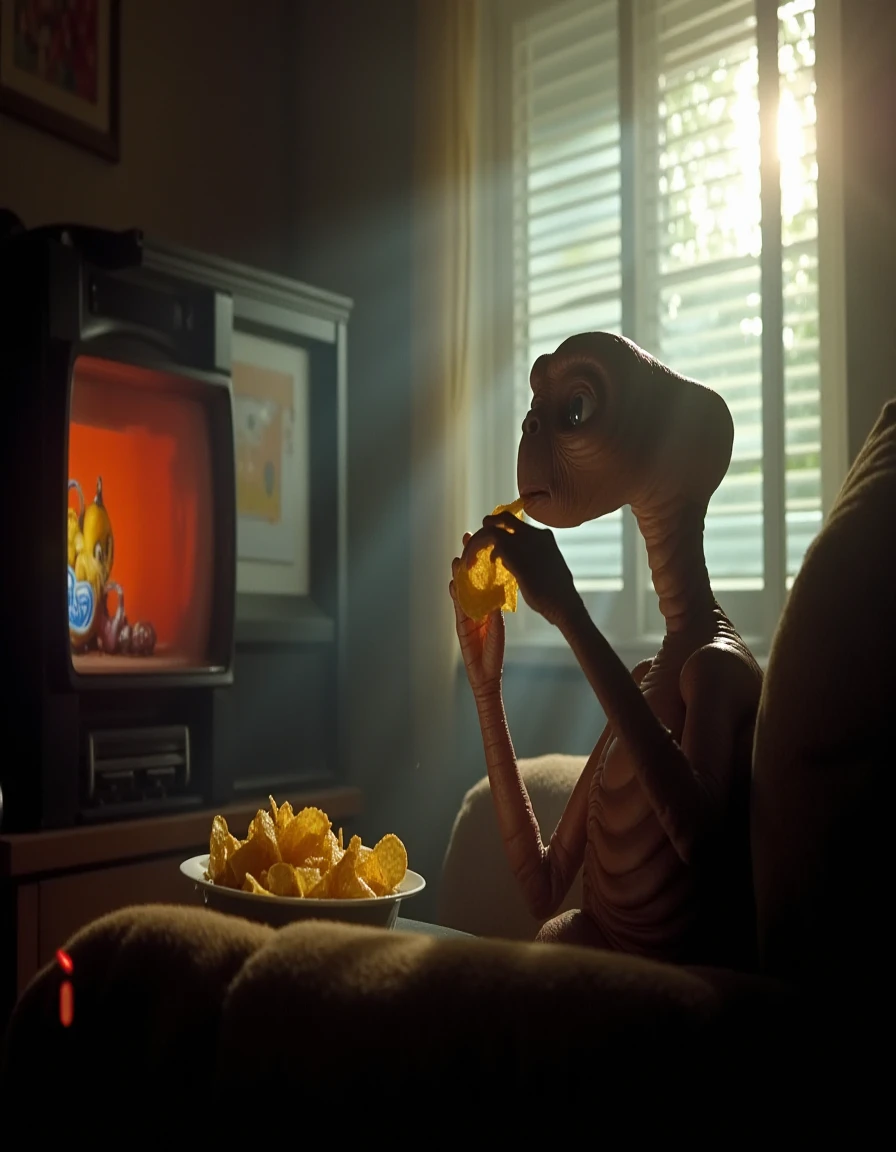 A photography of an alien eating chips on the couch. The alien is watching tv. It's morning, the sun's rays pass through the blind. The overall mood of the image is eerie and mysterious.
 <lora:ET_extraterrestrial_v2_flux_000002200:1>