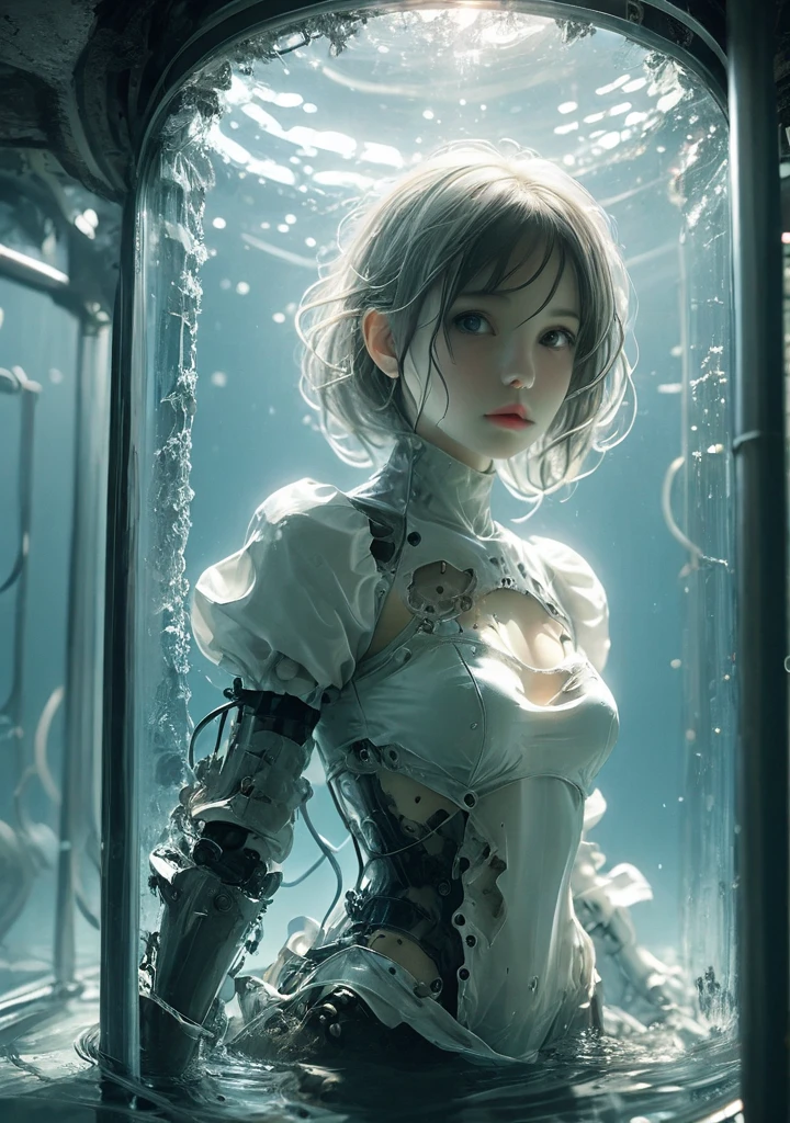 <lora:Stairway_to_liberation_ver1.4:1>,mecha girl,tube,wire, torn cloth,inside glass tank,under water,lab,2b nier, <lora:2b_nier_automata:0.8>