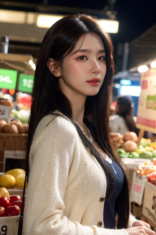 masterpiece, best quality, ultra-detailed, ultra high res, (photorealistic:1.4), raw photo, (realistic:0.2), 8k HDR, realistic lighting, looking at viewer, 1girl, solo, asymmetrical hair, (traditional market:1.2), (day), bokeh, (detailed lips), (detailed pores), (detailed skin textures), (detailed face:1.2), (body:1.2), a woman in a cardigan,