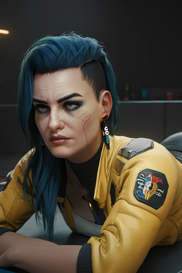 score_9, score_8_up, score_7_up,, , RogueAmendiares, 2077, blue hair ,long hair, asymmetrical hair, earrings, blue eyes, stud earrings, yellow jacket, on stomach