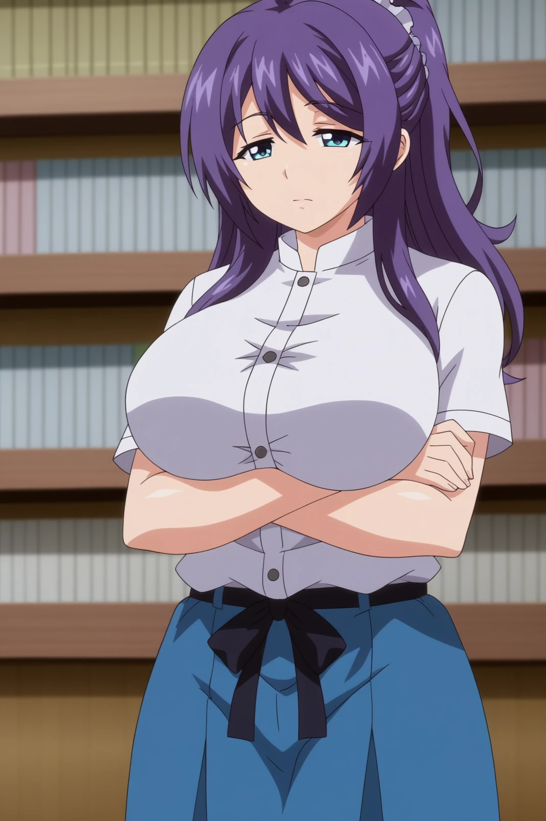 rei suzukawa,anime screencap,1girl,solo,short hair,mature,crossed arms, library,large breasts,ponytail,long hair,white shirt,blue skirt,scrunchie,emotionless <lora:Rei Suzukawa - PDXL2.safetensors:0.8>