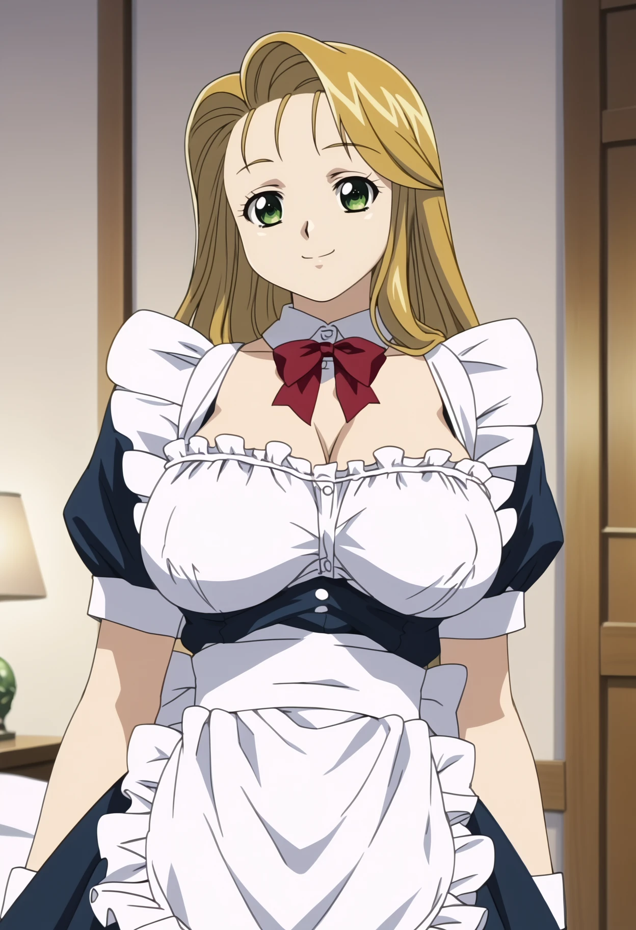 score_9, score_8_up, score_7_up, anime screencap BREAK,
1girl, nkoishikawa, blonde hair, long hair, green eyes,
large breasts, maid, red bow, 
solo, smile, looking at viewer, indoors, bedroom background  <lora:NamiKoishikawaXL:1>