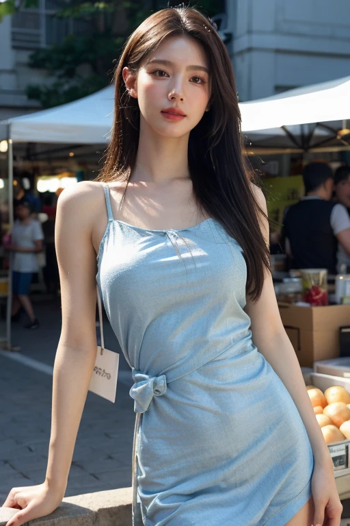 masterpiece, best quality, ultra-detailed, ultra high res, (photorealistic:1.4), raw photo, (realistic:0.2), 8k HDR, realistic lighting, looking at viewer, 1girl, solo, asymmetrical hair, (traditional market:1.2), (day), bokeh, (detailed lips), (detailed pores), (detailed skin textures), (detailed face:1.2), (body:1.2), a woman in a sundress, thigh gap,