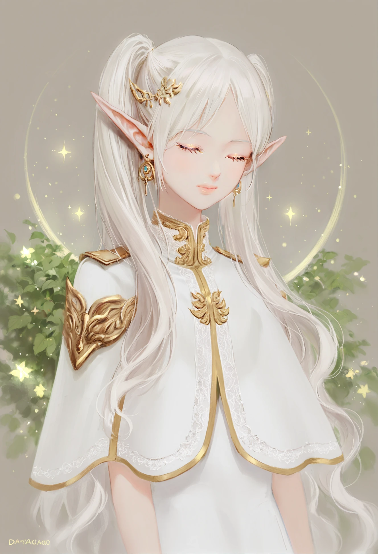 masterpiece, best quality,1girl, pointy ears, frieren, elf, solo, twintails, jewelry, closed eyes, earrings, sparkle, capelet, white capelet, long hair, white hair, closed mouth, parted bangs, upper body, facing viewer 
 <lora:DADACHYOXLlokr4f-000179:0.8>