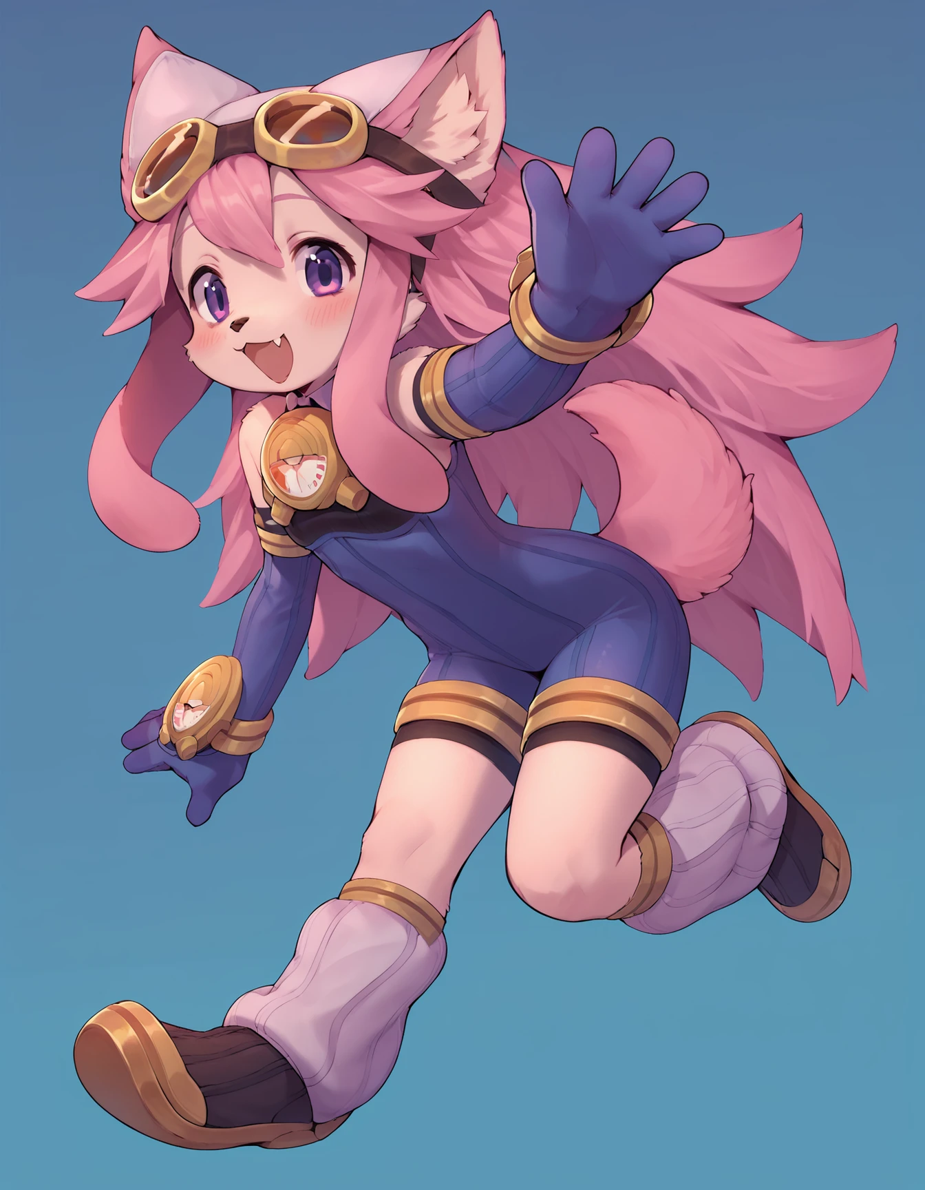 source_anime, score_8_up, score_7_up, chocolatsr, 1girl, furry female, dog girl, pink fur, long hair, pink hair, dog tail, body fur, purple eyes, animal ears, animal nose, bodysuit, elbow gloves, goggles on headwear, leg warmers, boots, blush, happy, fang, solo, full body, cute, waving, gradient background, blue background, embedding:zPDXL2