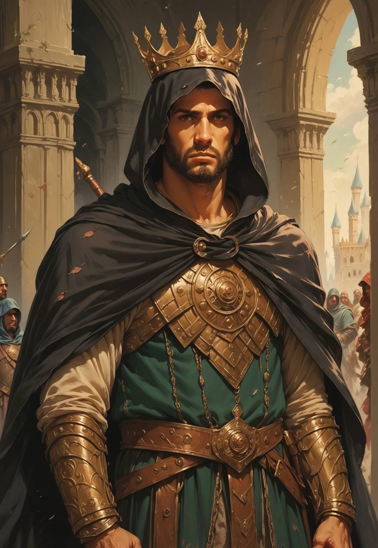 score_9, score_8_up, a man standing with his sword, hood, long hood, wearing a crown , mysterious , realistic