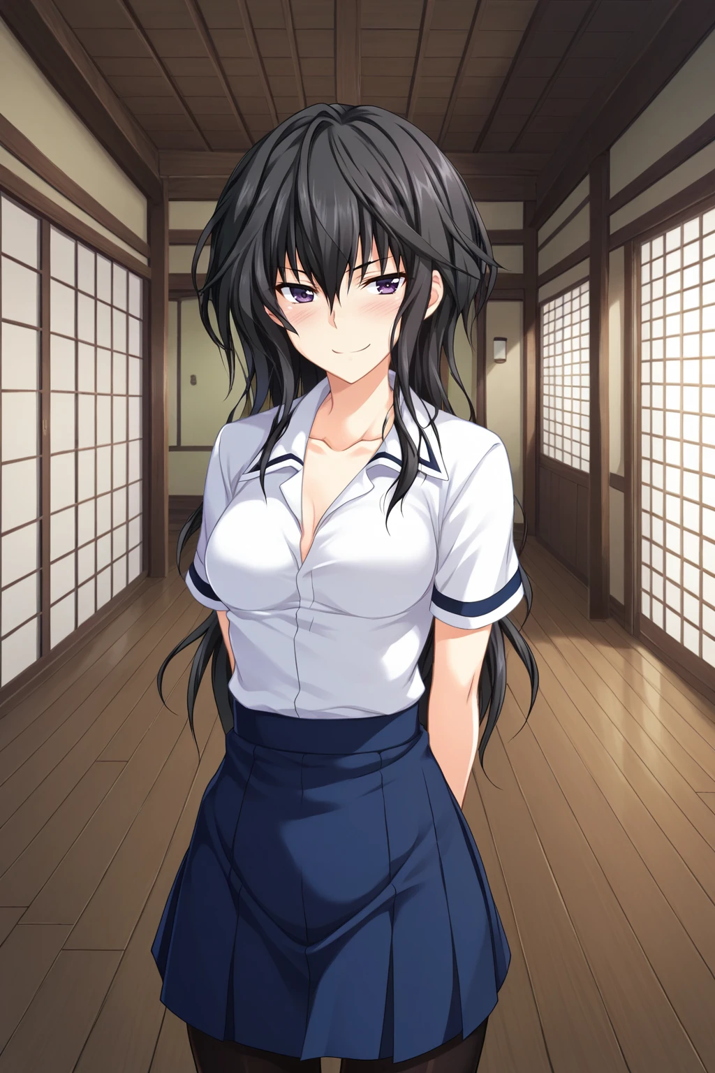 score_9, score_8_up, score_7_up, source_anime, 1girl, prefect lighting, very aesthetic, intricate details, highly detailed background, masterpiece, high quality, prefect hands, best quality, solo,
<lora:Benkei_Majikoi_V2:.85>, KJObenkei, black hair, dark purple eyes, long hair, hair between eyes, 
white school uniform, blue skirt, white collar shirt, open collar, collarbone, black pantyhose,
standing, arms behind back, smirk, blush,
dojo, wooden floor, sliding doors, dim lighting,
(Beautiful, medium Breasts:1.2), natural breasts,