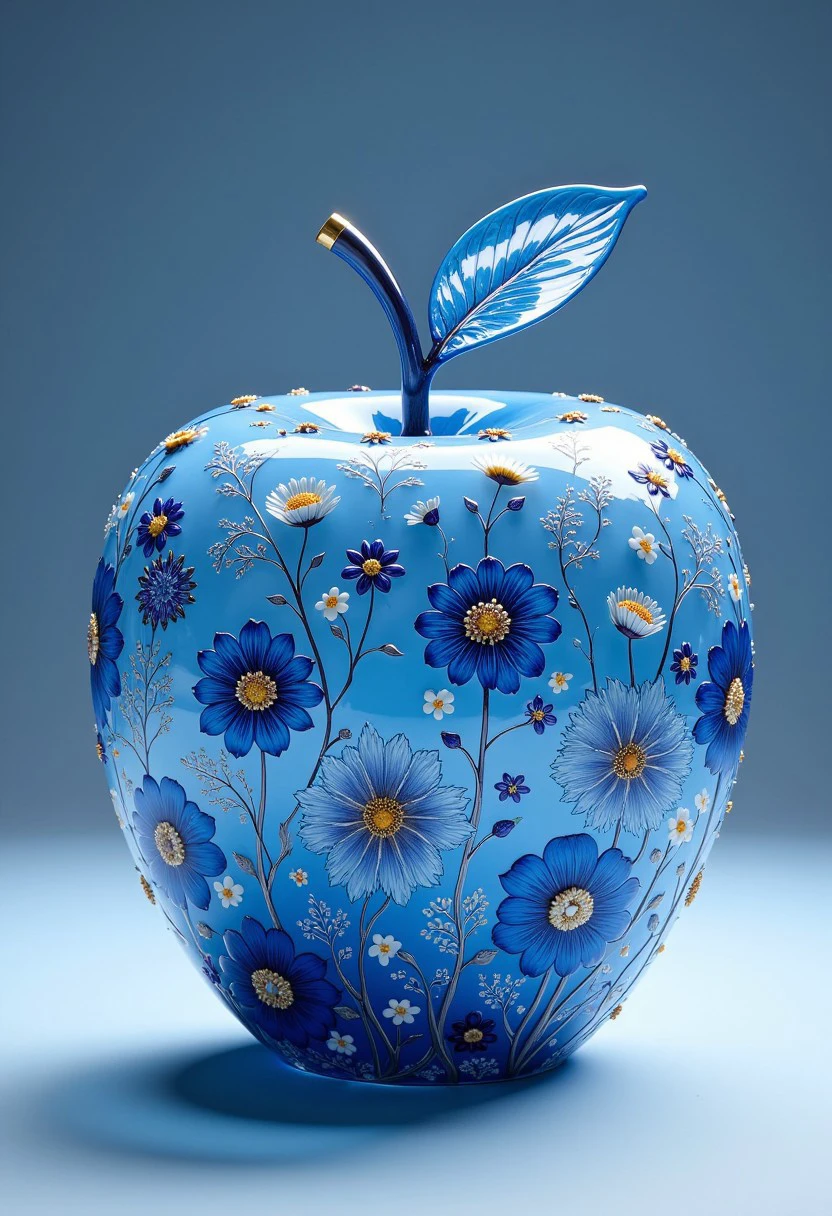 A beautiful statue of a apple,blue,flowers,8k,photorealistic,