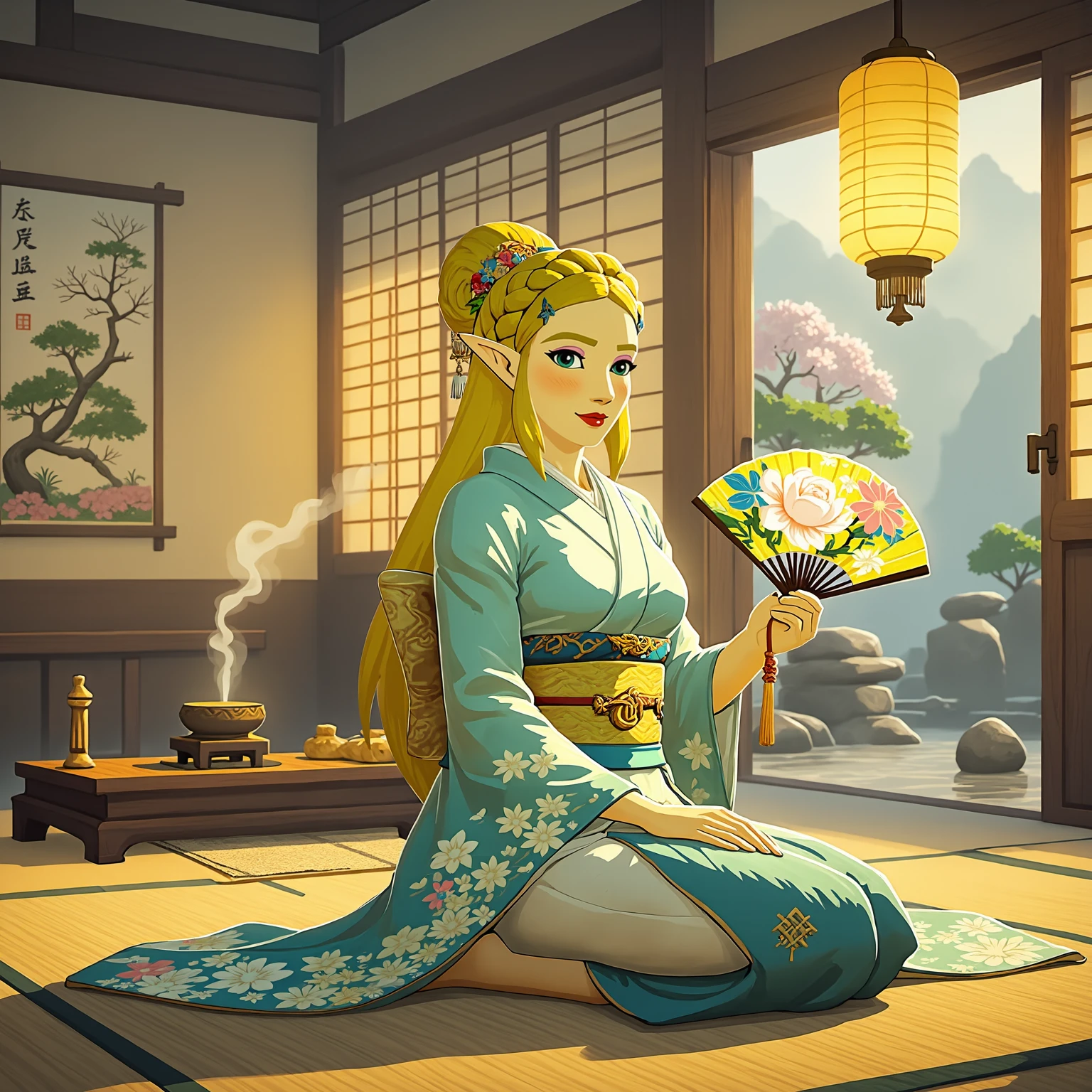 Princess Zelda as a geisha, posing gracefully in a traditional Japanese teahouse, sitting on tatami mats with her legs folded beneath her, wearing an elaborate silk kimono adorned with intricate floral patterns in shades of blue and gold, obi belt tied in an elegant bow at her back, her long blonde hair styled into a classic shimada updo with ornamental hairpins, kanzashi, and combs, delicate white makeup with striking red and black accents on her lips and eyes, a gentle and serene expression on her face, holding a beautifully painted folding fan in one hand with cherry blossoms motif, soft golden lighting from paper lanterns casting a gentle glow, traditional wooden sliding doors with translucent shoji paper in the background, a simple tatami altar with ikebana flowers and a small incense burner emitting a thin spiral of smoke, wooden beams and intricate latticework visible in the architecture, gentle shadows enhancing the intimacy of the setting, the overall ambiance exuding tranquility and elegance, elements of nature subtly incorporated like a bonsai tree and a small zen garden visible through an open doorway with stones and carefully raked sand, painted silk screens depicting traditional Japanese scenes on the walls, warm and welcoming atmosphere enhanced by the subtle scent of incense with a slight floral hint.