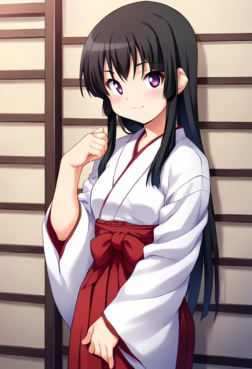 score_9, score_8_up, score_7_up, masterpiece, 1girl, source_anime, 1girl, ct_a0i, purple eyes, black hair, long hair, kimono, wide sleeves, obi, red hakama, indoors, wooden wall, looking at viewer, cowboy shot, standing, hand up, blush, smile, closed mouth, facing viewer, <lora:AyanokoujiAoi_Pony_ct_ver3:1>