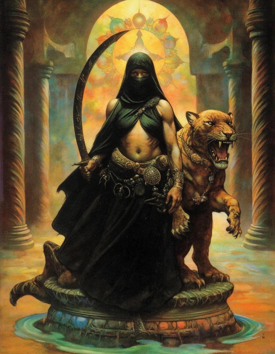 Fr4z3tt4 arabic woman holding a scimitar with a veil over the bottom half of her face with a jaguar next to her in a mosque with elaborate sacred geometry and light shining in, pool of water