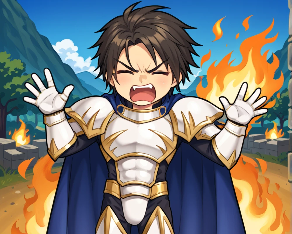 <lora:Luca_Blight_FORPONY:1>luca blight, 1boy, armor, cape, solo, chibi, cute, angry, yelling, closed eyes, outdoors, flames, waving arms