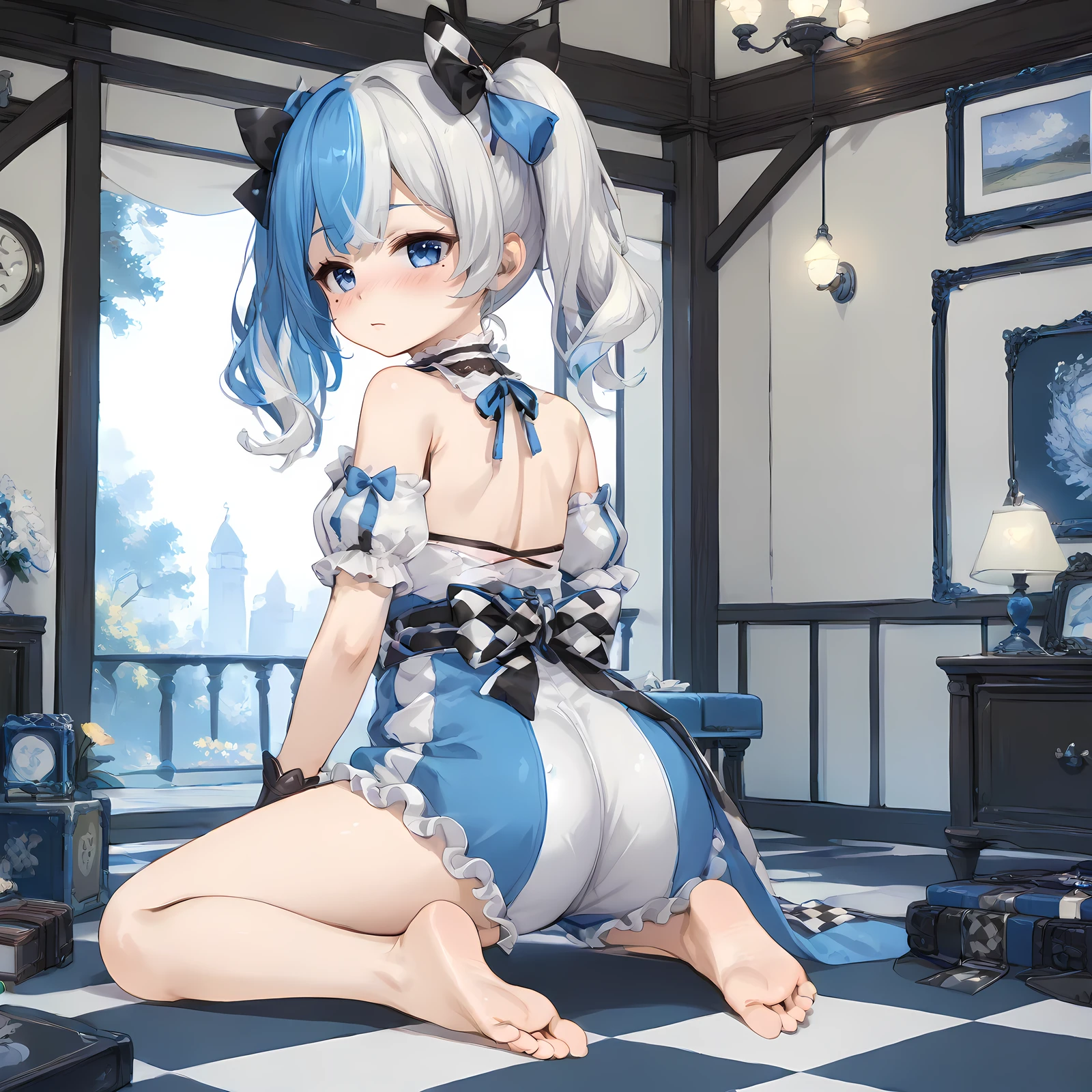 1girl,solo,
(score_9,score_8_up,score_7_up, source_anime,rating_all),
BREAK
wariza,from back,ass,barefoot,feet,
blush,
<lora:mmmemo-joker-psplive-pony6-xl-flyingdeer-e12-r1p:0.8>,
MMMemo,
twintails,medium hair,bangs,
(blue hair, white hair, two-tone hair),(split-color hair:0.7),
(bow, hair bow),
blue eyes,mole under eye,
black glove,asymmetrical gloves,
neck ruff,
detached collar,
bare shoulders,
checkered clothes,asymmetrical clothes,two-tone shirt,
puffy short sleeves,
shorts,puffy shorts,