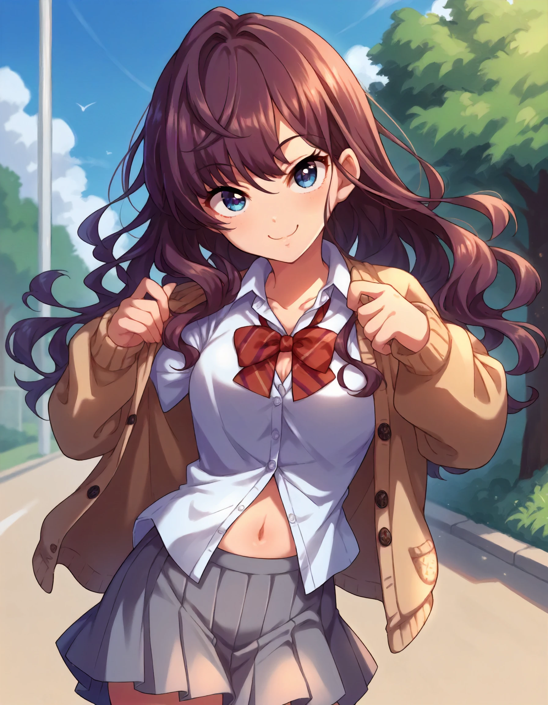 score_9,score_8_up,score_7_up,1girl,solo,cowboy shot,looking at viewer,smile,outdoors,
<lora:ichinoseshiki_ponyXLV6:0.8>,cgisk,purple hair + brown hair,long hair,wavy hair,blue eyes,
open cardigan,red bow,school uniform,navel,grey skirt