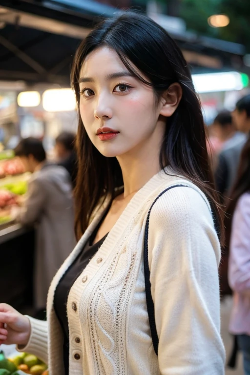 masterpiece, best quality, ultra-detailed, ultra high res, (photorealistic:1.4), raw photo, (realistic:0.2), 8k HDR, realistic lighting, looking at viewer, 1girl, solo, asymmetrical hair, outdoor, (traditional market:1.2), (day), bokeh, (detailed lips), (detailed pores), (detailed skin textures), (detailed face:1.2), (body:1.2), a woman in a cardigan, (asian:0.2), standing,