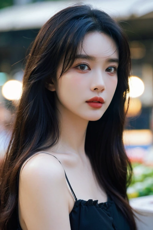 masterpiece, best quality, ultra-detailed, ultra high res, (photorealistic:1.4), raw photo, (realistic:0.2), 8k HDR, realistic lighting, looking at viewer, 1girl, solo, asymmetrical hair, outdoor, raining, (traditional market:1.2), (day), bokeh, (detailed lips), (detailed pores), (detailed skin textures), (detailed face:1.2), (body:1.2), a woman in a black sundress, (asian:0.2),