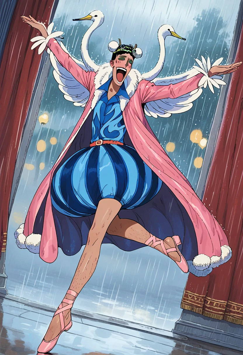 score_9, score_8_up, score_7_up, source_anime, rating_safe, raining, BonOP, (black_Bon_hair), makeup, closed eyes, 1boy, male focus, goggles on head, pink_fur-trimmed coat, blue_shirt, Bon_swans, green_Bon_circlet, white_hair buns, red-yellow_belt, blue_Bon_skirt, light pink sandals, wide smile, open mouth, one leg stand, spread arms, graceful dance, ballerina, hands with five fingers, blurry outdoor open theatre, red curtain, from side, dutch angle, realistic shading,