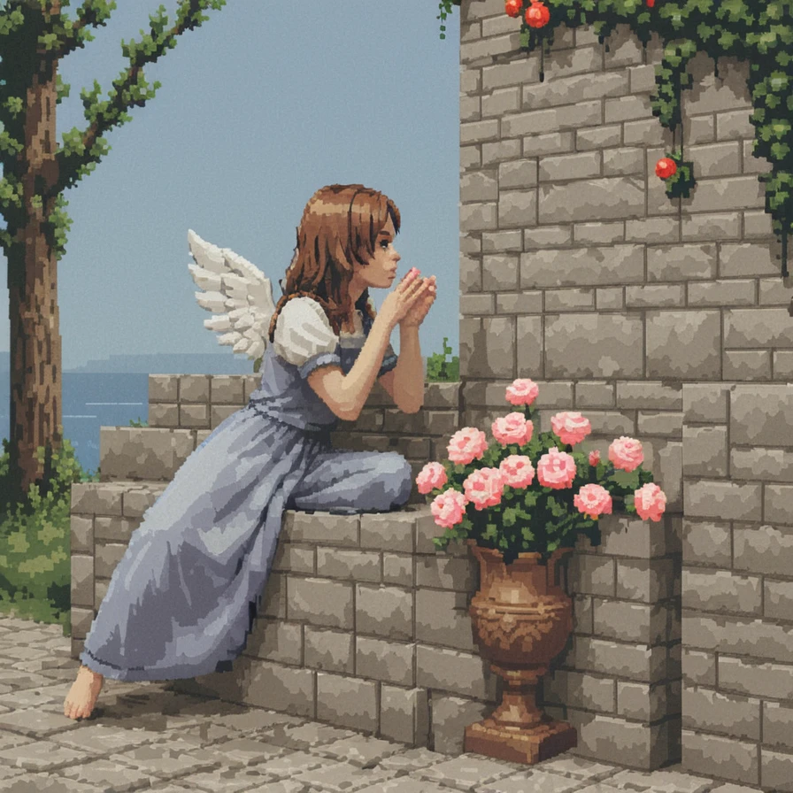 [[S_PixelArt of a young angel girl in a gray dress sitting|on a stone wall with a vase with pink roses in her arm while blowing a kiss with a tree and stone wall and roses in the background|S_PixelArt]:S_PixelArt :0.5]