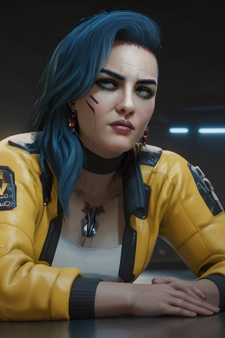 score_9, score_8_up, score_7_up,, , RogueAmendiares, 2077, blue hair ,long hair, asymmetrical hair, earrings, blue eyes, stud earrings, yellow jacket, on stomach