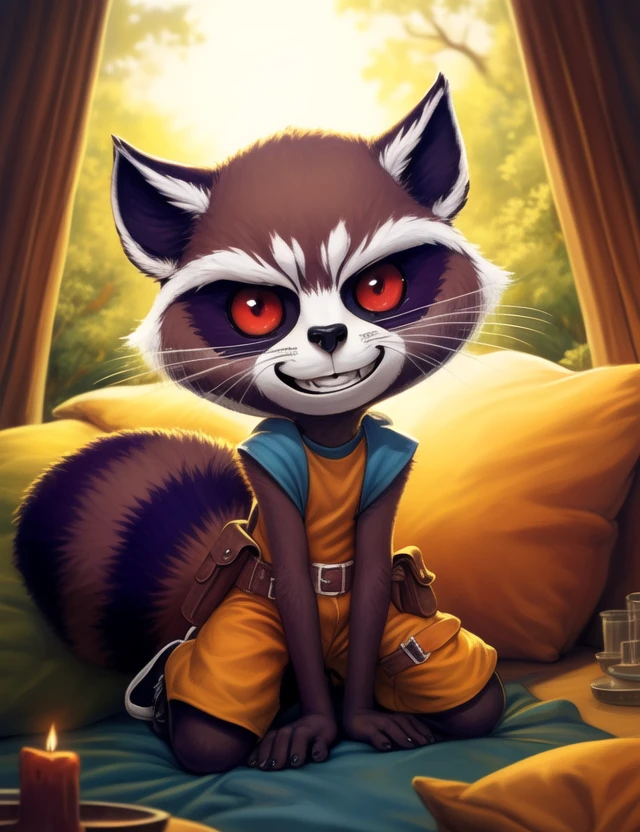 <lora:RocketGrVerYif:1>  RocketGrVer, Raccoon, red eyes, tail, orange jumpsuit, shoes,  (Chibi,)
Looks at the viewer,   without pants,   (all fours, cowgirl position,), grin 
[ large window, (nature), forest, grass, day shining, clouds, flowers, blanket, blue pillows, candles, bed, pillows, ]
(beautiful, aesthetic, perfect, delicate, intricate, saturated colors), masterpiece, digital drawing, best quality,
[by kenket|by totesfleisch8], by thebigslick:by silverfox5213:0.8], [by syuro, by paloma-paloma::0.2, (Tricksta, TotesFleisch8)