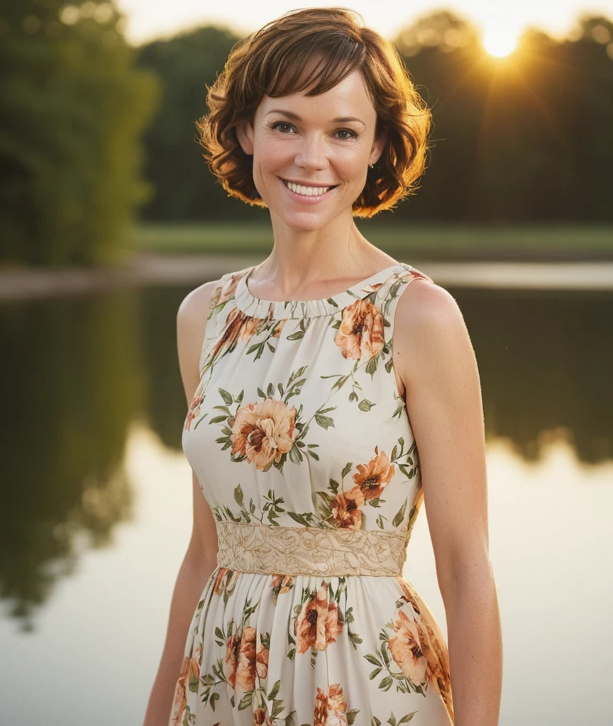 a professional absurdres sharp focus intricately detailed full torso photograph of 
with short hair in a summer dress walking by a lake by sunset, smiling to camera,
beautiful (Frances_OConnor:1.1),  accentuated by professional lighting, The high-resolution image allows every intricate detail to be seen, from individual eyelashes to subtle skin textures. Use a high-end camera with a prime lens for sharpness and detail. Shoot in RAW format at the highest resolution possible. Stabilize the camera with a tripod to ensure crisp focus. Employ soft, natural lighting with controlled LED lights to create depth and dimension. Enhance warmth and luminosity with a golden reflector, emphasizing the richness of her skin tones, In post-processing, apply selective sharpening and dodge/burn techniques to bring out key features and create a sense of depth. Create a visually impactful and emotionally captivating image,
 <lora:Frances_OConnor-SDXLe11:0.8>