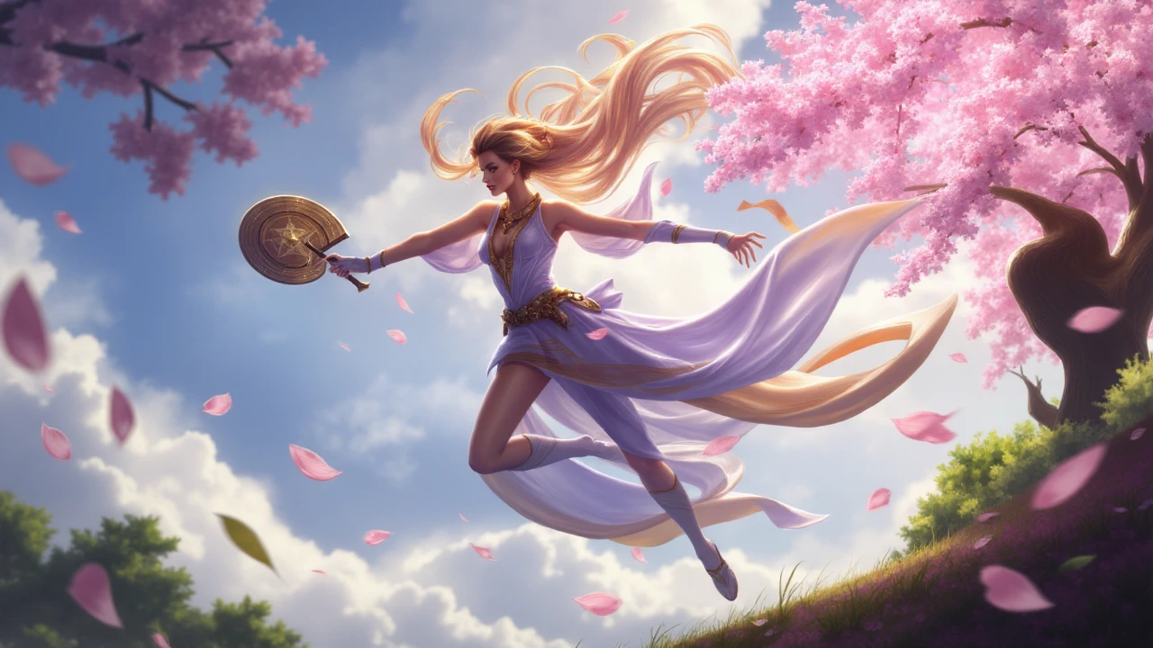 illustration in lolsart style, A graceful wind sorceress hovers above the ground, her lithe form wrapped in flowing silk ribbons that swirl around her body like living wind, long hair streaming behind her in an invisible breeze, eyes glowing with elemental power, one hand conjuring a swirling vortex while the other wields an ornate fan-blade, surrounded by cherry blossom petals caught in her personal windstorm, the background a mix of tranquil nature and turbulent skies <lora:lolsart:1.0>