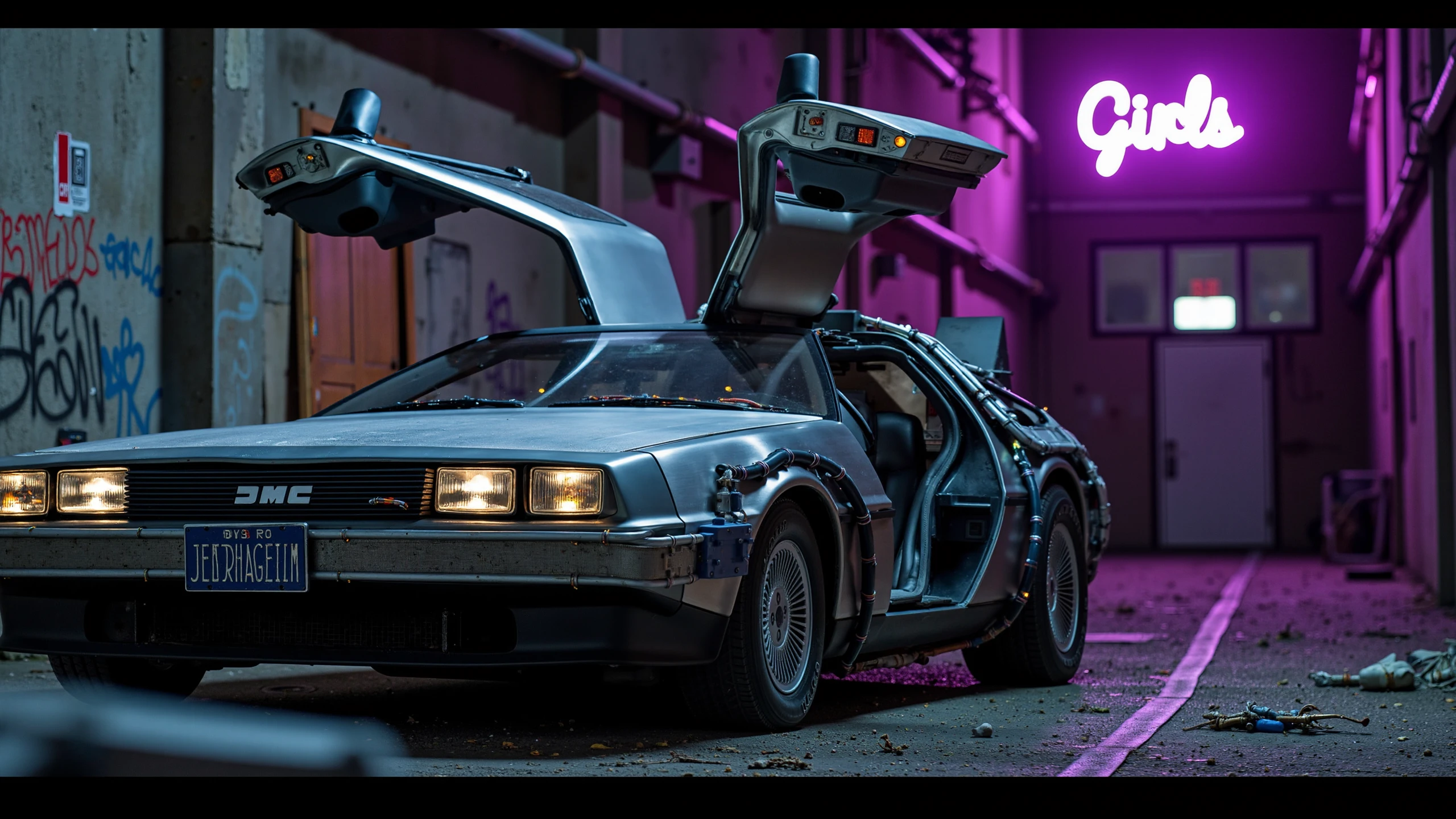 A heavily weathered, retro-futuristic DeLorean numberplate reads DENRAKEIW, sits in a dimly lit alleyway covered in grime and graffiti. Flickering neon signs reads Girls, cast a faint purple glow over the scene, with trash scattered on the ground. The car’s metallic body reflects the cold industrial lighting of the surrounding worn-down buildings.