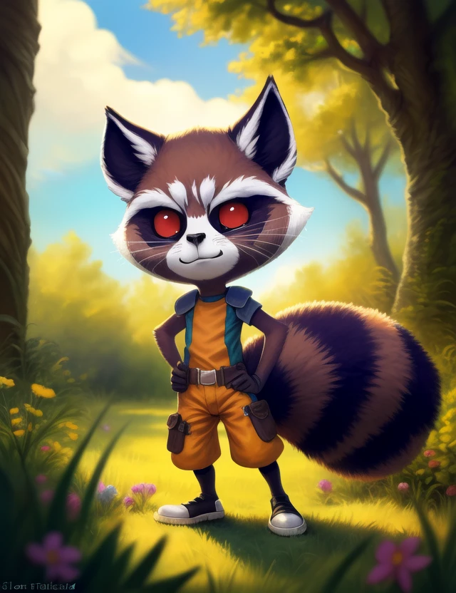 <lora:RocketGrVerYif:1>  RocketGrVer, Raccoon, red eyes, tail, orange jumpsuit, shoes,  (Chibi,)
Looks at the viewer,   without pants,   ( (Hands on hips, standing, (thumbs up))) 
[ large window, (nature), forest, grass, day shining, clouds, flowers, blanket, blue pillows, candles, bed, pillows, ]
(beautiful, aesthetic, perfect, delicate, intricate, saturated colors), masterpiece, digital drawing, best quality,
[by kenket|by totesfleisch8], by thebigslick:by silverfox5213:0.8], [by syuro, by paloma-paloma::0.2, (Tricksta, TotesFleisch8)