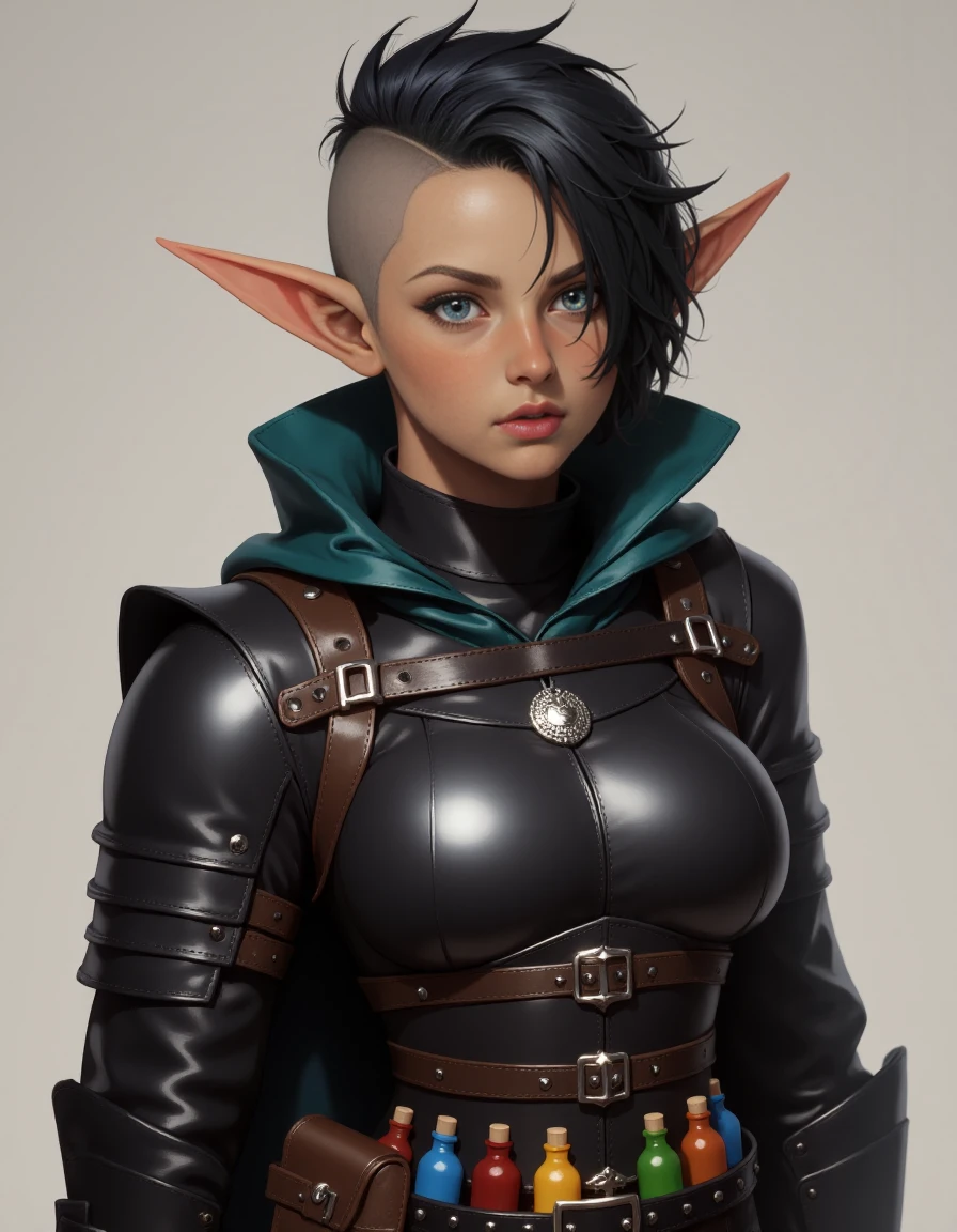 realistic photo full body of 1girl aibell_sr, black short hair with shaved head side, undercut, detailed skin and blue eyes, and very long pointy ears, wearing a dark leather armor, a black cloak and a belt full of small potion bottles of different colors, <lora:Aibell_flux:1>