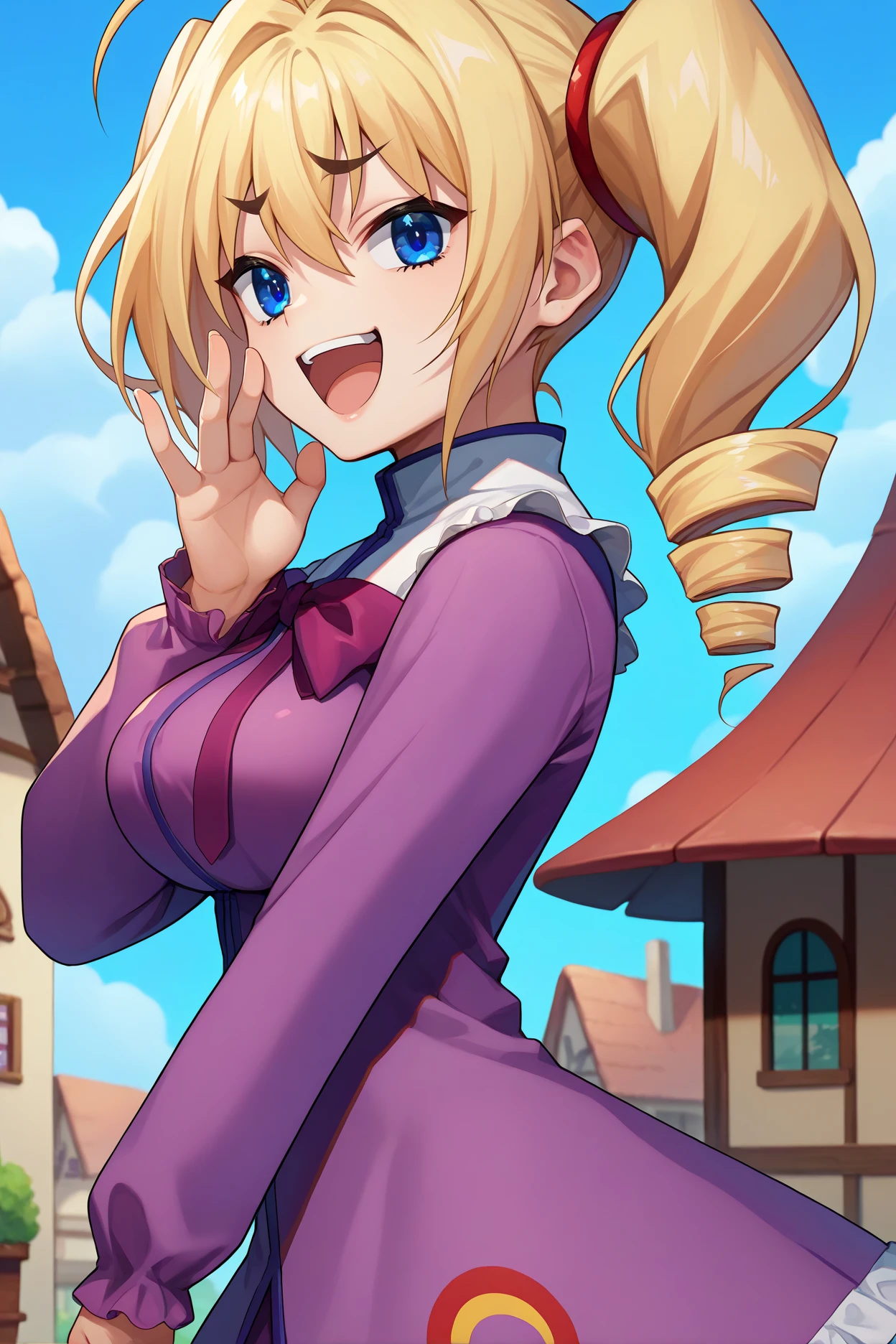 score_9, score_8_up, score_7_up, score_6_up, source_anime BREAK 1girl, solo <lora:ravelphenex-pdxl-nvwls-v1-000004:1> dxdRP, blonde hair, ahoge, twin drills, blue eyes, breasts, purple dress, long sleeves, purple bow, white collar, frilled dress, black pantyhose, big breasts, smug, open mouth, hand to own face, blue sky, clouds, from side, laughing, open mouth, town, looking at you