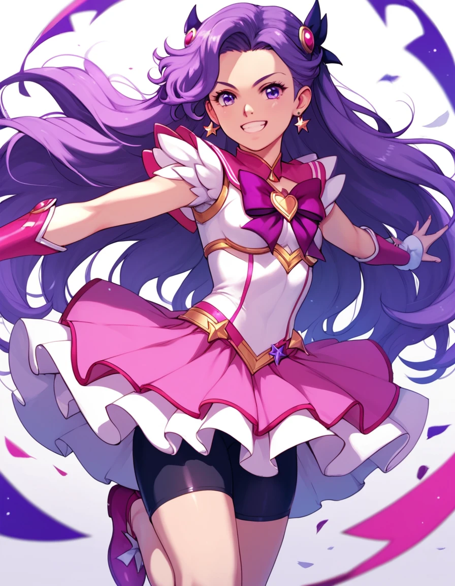 MilkyRose, magical girl, long hair, purple eyes, purple hair, bike shorts under skirt,  <lora:PowerofHopePrecureFullBloom:1>, score_9, score_8_up, score_7_up, score_6_up, score_5_up, score_4_up, source_anime, , smile, dynamic pose