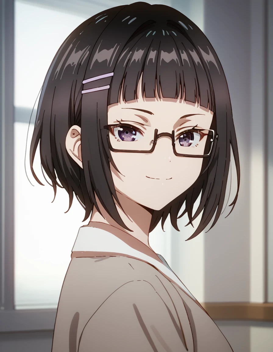 Sayaka, short hair, bangs, black hair, hair ornament, purple eyes, glasses, hairclip, blunt bangs, <lora:AlyaSometimesHidesHerFeelingsinRussian:1> score_9, score_8_up, score_7_up, score_6_up, score_5_up, score_4_up, source_anime,  soft smile, portrait,