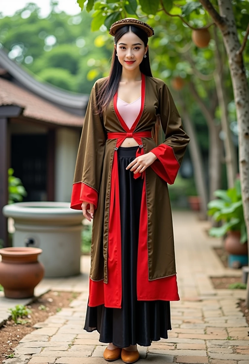 A young Vietnamese woman wearing a traditional Áo Tứ Thân, featuring four flowing panels with earthy colors such as deep brown, red, and green. Her long, black hair is elegantly styled in a traditional bun, and she wears a delicate pink yếm underneath. The outfit is complemented by a long, black silk skirt and wooden clogs. She stands gracefully in a serene countryside setting with a background of an ancient banyan tree, a village well, and a small communal house. The woman's gentle smile and kind eyes reflect the beauty and grace of traditional Vietnamese culture. Photorealistic, 4K resolution, natural lighting