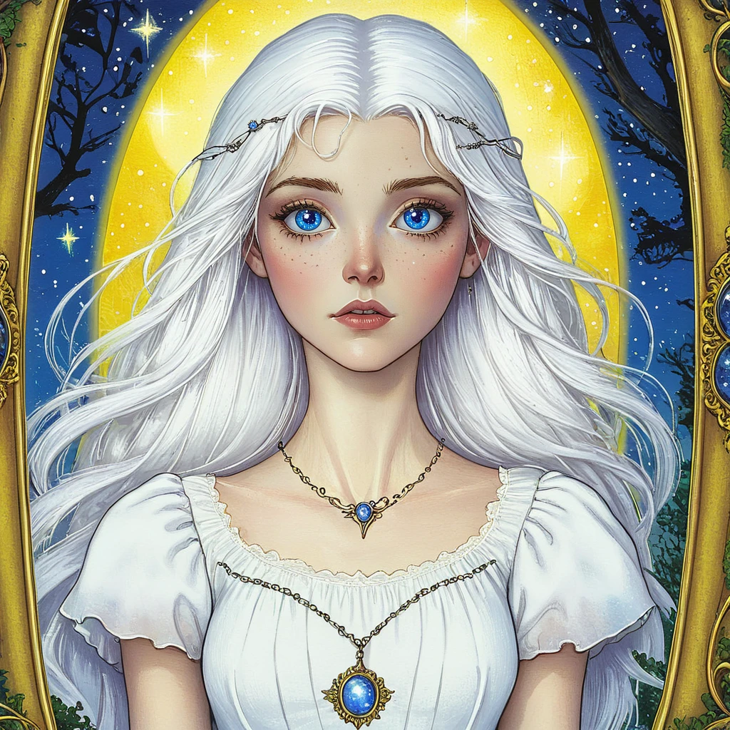 <lora:Wonderland:1>   ArsMJStyle, Wonderland, The image shows a woman with long white hair wearing a white dress and a necklace standing in front of a frame with trees and stars in the background., 1girl, jewelry, solo, long hair, blue eyes, white hair, necklace, freckles, moon, looking at viewer, dress, upper body, collarbone, makeup, lips