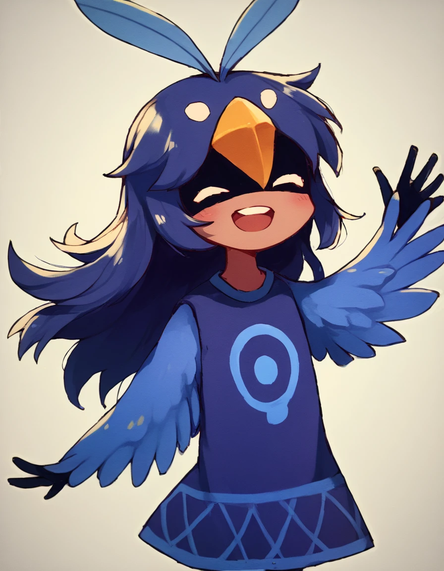 AlulaOneShot, female, solo,  harpy humanoid, long hair,blue feather in hair, multi eye, yellow beak on forehead, blue feathers, blue sleeveless dress, black undershirt, blue symbol print, black humanoid hands
short,
standing, looking at viewer, open smile, upper teeth only, ^ ^, closed eyes,  waving at viewer, hand on side, front view, bust portrait,  close-up, white background, source_anime,
<lora:[PDXL_v6]_Alula_OneShot_v.1-000033:0.99>, score_9, score_8_up, score_7_up, score_6_up, score_5_up, score_4_up