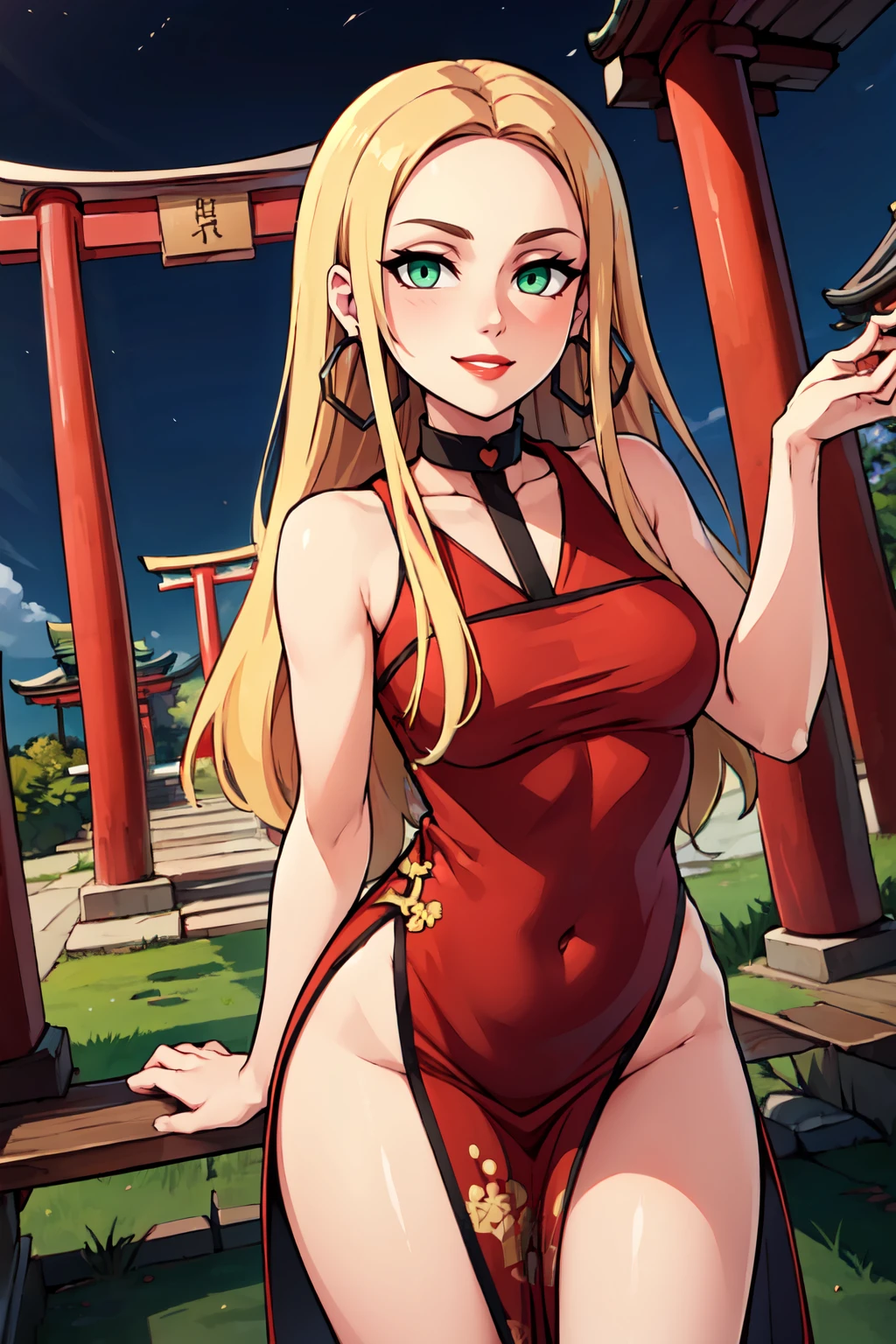 ((masterpiece,best quality)), absurdres,  BREAK,, <lora:Oleana_Pokemon:0.8>, zzOleana, green eyes, blonde hair, long hair, red lips, hoop earrings, black choker, , BREAK,  china dress, pelvic curtain, side slit, sleeveless, print dress, covered navel, no panties, outdoors, night, torii, shrine, east asian architecture, leaning forward, hand on own thigh, from above,, BREAK, solo, smile, looking at viewer, cowboy shot,