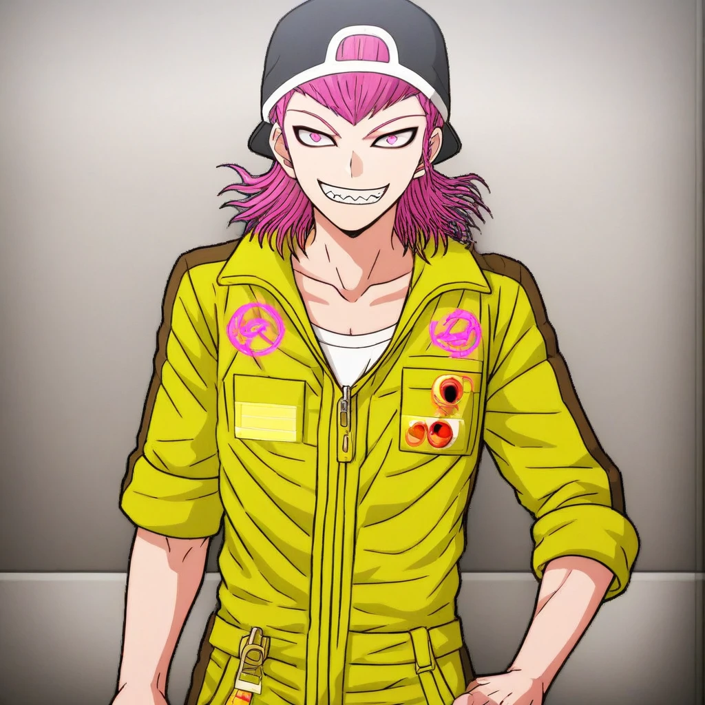 teeth, solo, collarbone, smile, male focus, hat, bangs, jumpsuit, pink eyes, jewelry