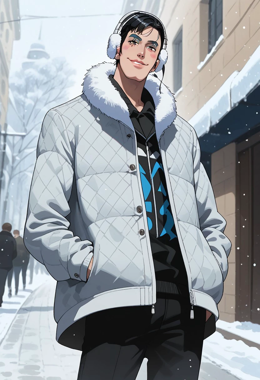 score_9, score_8_up, score_7_up, source_anime, rating_safe, snowing, BonOP, (black_Bon_hair), makeup, black eyes, 1boy, male focus, jacket, pants, ear muffs, winter clothes, sweet smile, head tilt, hands in pocket, looking at viewer, blurry outdoor street, building exterior, from below, dutch angle, solo focus,