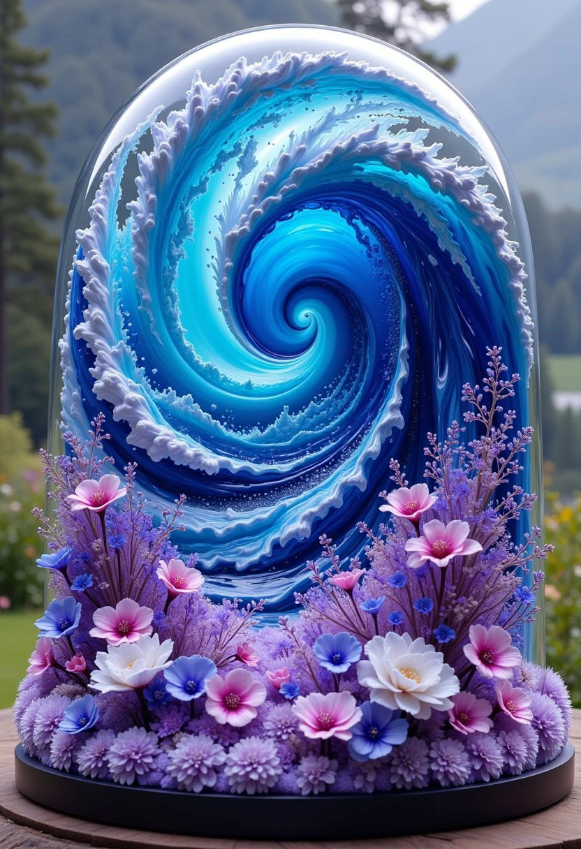 A beautiful statue of a hurricane,,purple,blue,flowers,8k,photorealistic,