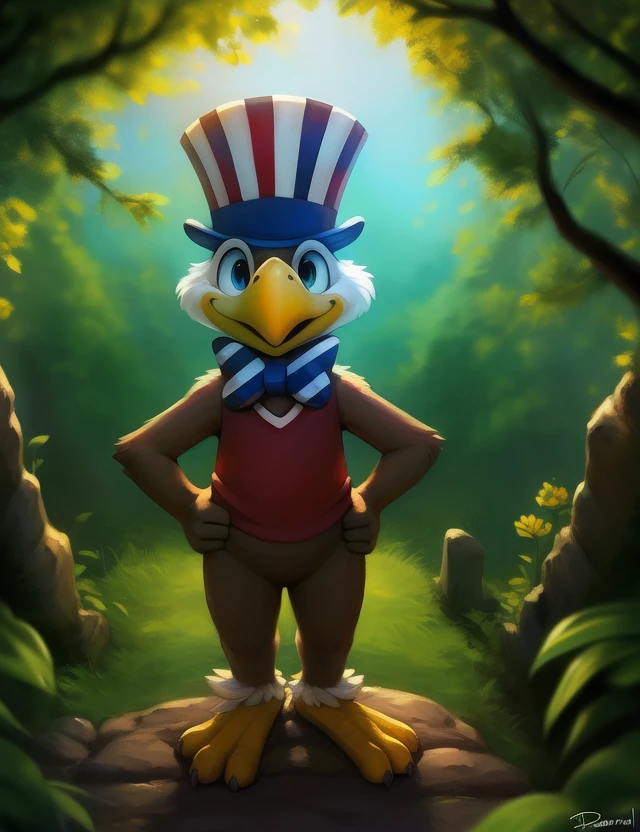 <lora:EagleANSamMasDom:1>   EagleANSamMas, Eagle, bow tie, red t-shirt,  top hat,  red white blue hat, Chibi, (bare bottom,)
Looks at the viewer, ((Standing, full height, thumbs up, hand on hip, high-angle view,)side view)
[ large window, (nature), forest, grass, day shining, clouds, flowers, blanket, blue pillows, candles, bed, pillows, ]
(beautiful, aesthetic, perfect, delicate, intricate, saturated colors), masterpiece, digital drawing, best quality,
[by dagasi|ancesra:0.6], [by foxovh|personalami:0.5], [by einshelm|tom_fischbach],