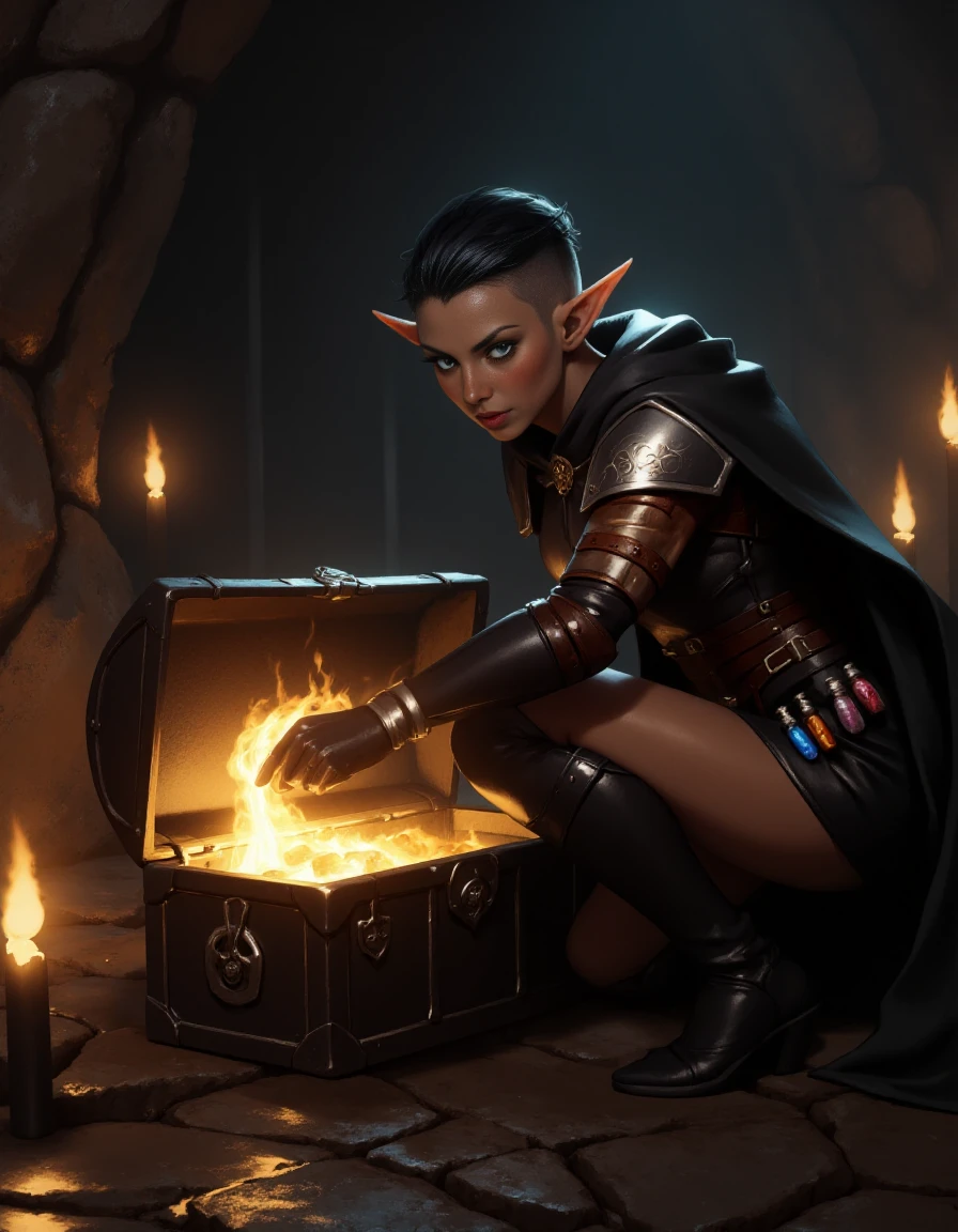 Ultra-realistic full body shot of a female elf rogue, aibell_sr, kneeling as she unlocks a treasure chest glowing with golden light from within. She has short black hair with a shaved side undercut, longer strands falling to her chin, and striking blue eyes. Her long, pointed elven ears are sharply detailed. She wears dark, form-fitting leather armor, accented with intricate straps, high-heeled boots, and a black cloak flowing behind her. Around her waist is a belt packed with small, colorful potion bottles. Her detailed skin shows subtle pores and texture, catching the warm torchlight that illuminates the dark cave around her. The atmosphere is shadowy and tense, with the soft glow of torches flickering on the stone walls, highlighting her focused expression and the glint of the treasure inside the chest. The scene captures her stealth and precision in the midst of a heist, her posture both agile and confident. <lora:Aibell_flux:1>,  <lora:dark_fantasy_flux:1>