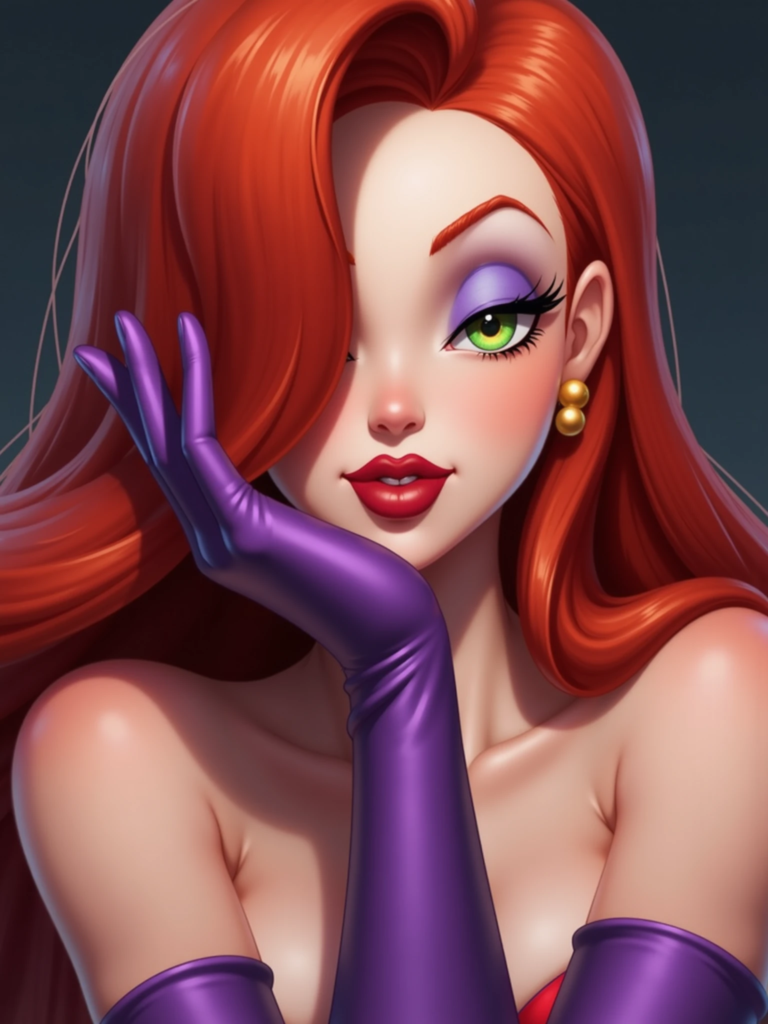 digital artwork of jessica rabbit, a close-up portrait of her head with one eye hidden behind her flowing red hair, her lips forming a sultry kiss directed at the viewer, her long purple glove-covered hand elegantly raised to emphasize the gesture, her features are striking and detailed with a smooth, polished finish, vibrant colors and soft shading highlight her iconic look, green eyes, golden earring <lora:jessica_rabbit_flux_v1:1>